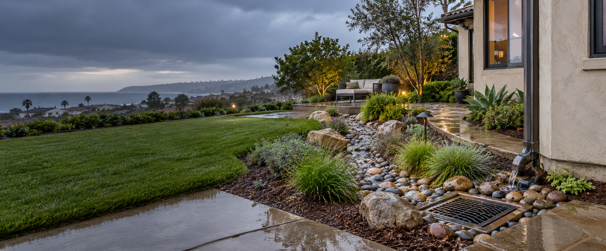 Landscaped drainage channel and catch basin beside a South Bay home after rain